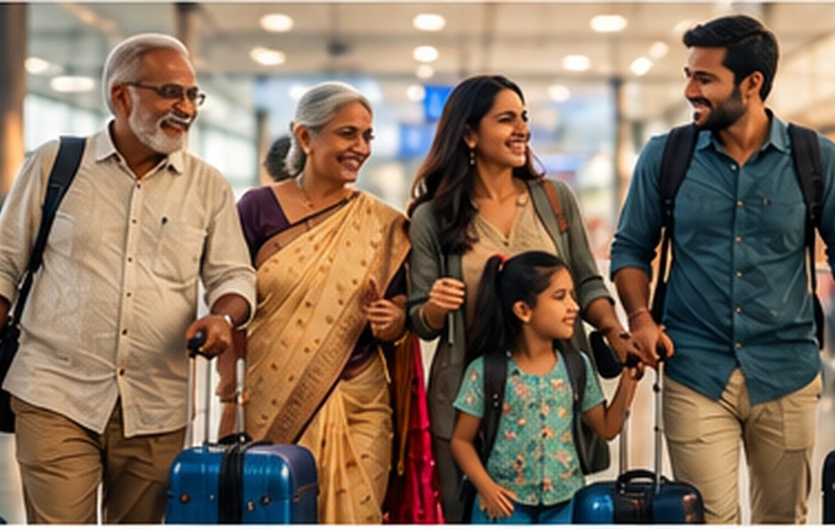 A family walking through the airport with their luggage