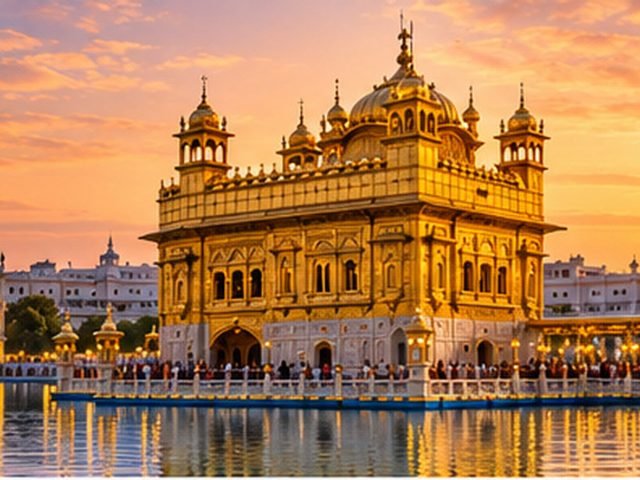 The Golden Temple in Amritsar lit up at sunset