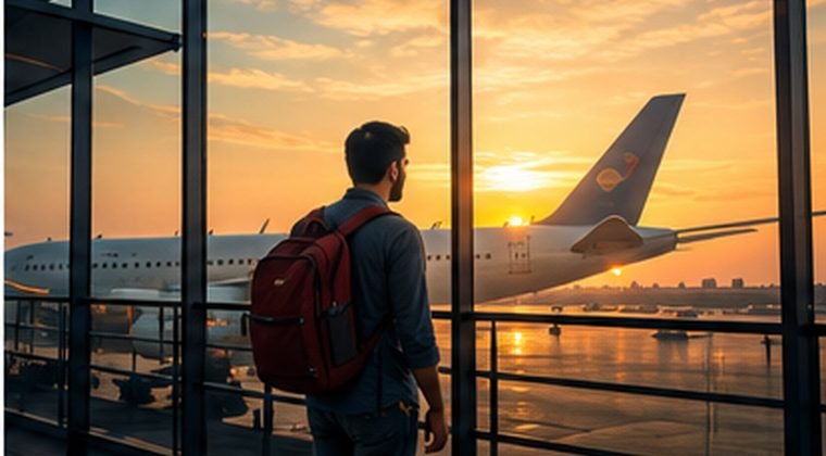 A traveller watching an aircraft at the gate at sunset