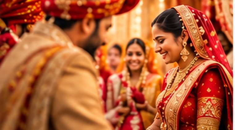 An Indian wedding couple with their guests