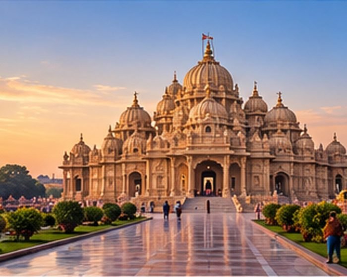 A grand Indian palace at dusk
