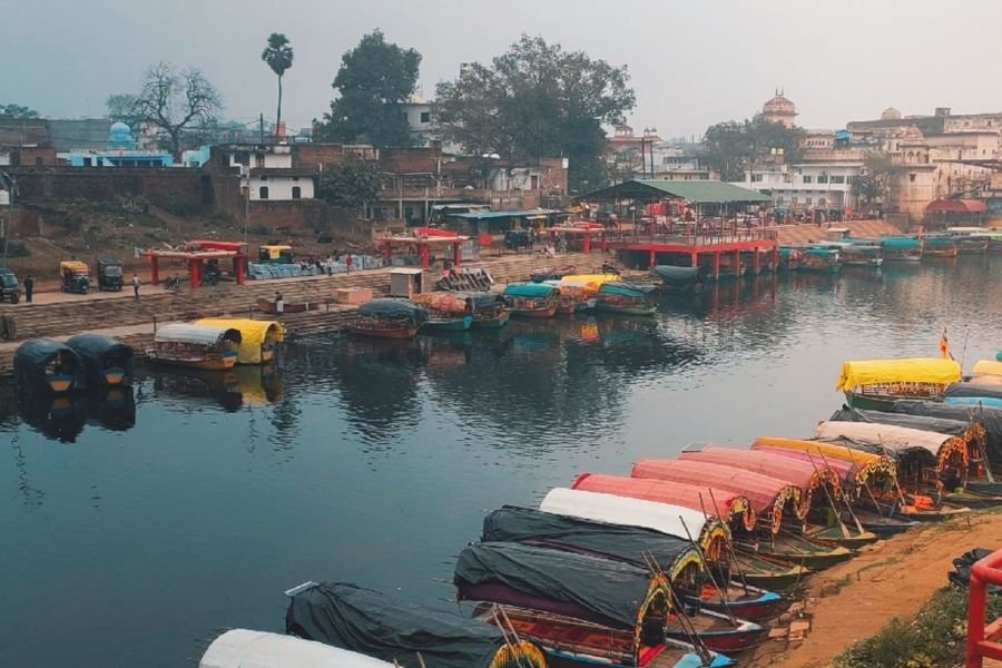 Rowing boats moored along the river bank at Varanasi