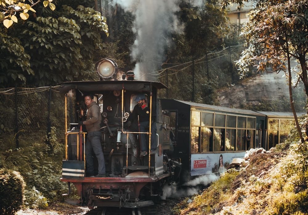 A steam train on the hill railway