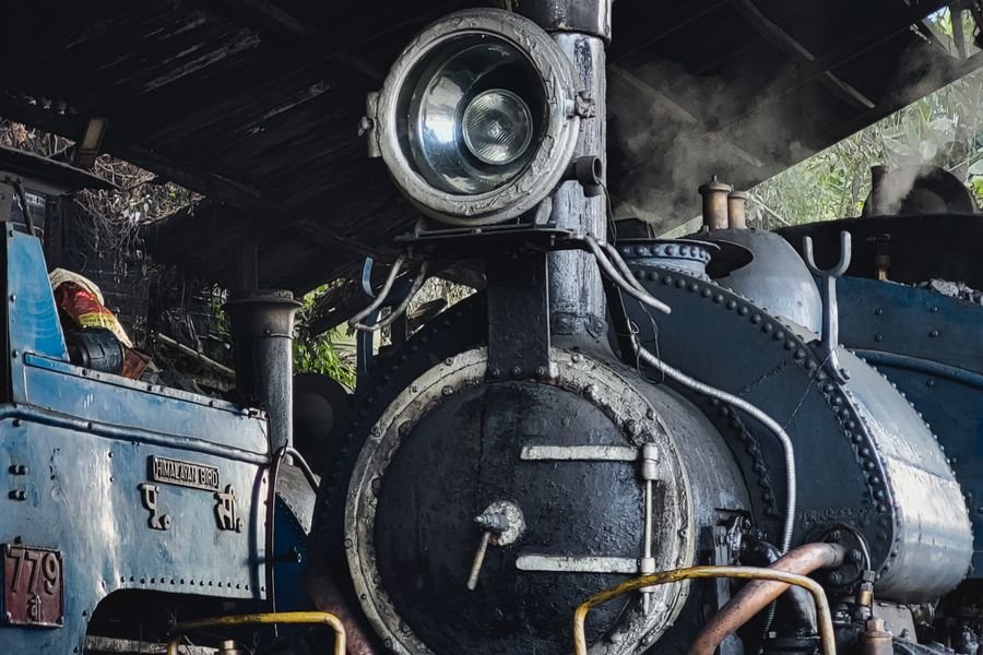 The front of a narrow-gauge steam locomotive