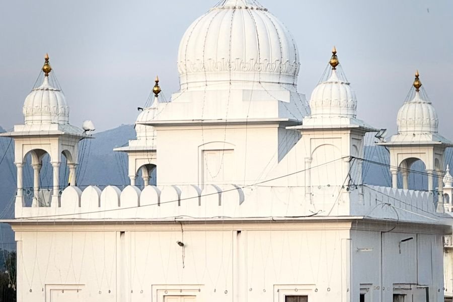 The white domes of a gurdwara
