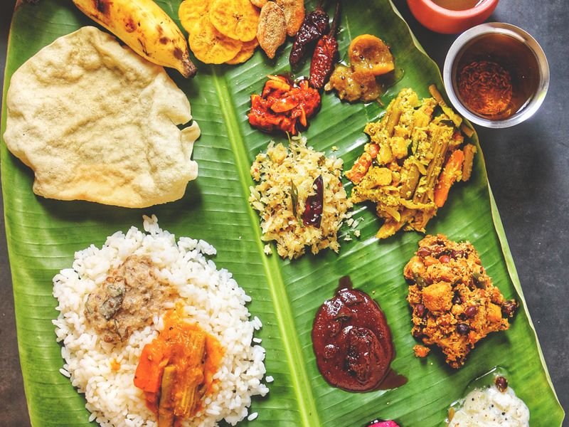 A South Indian thali served on a banana leaf