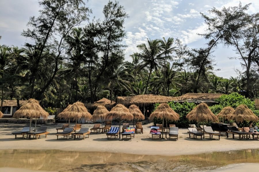 Thatched beach huts above the sand