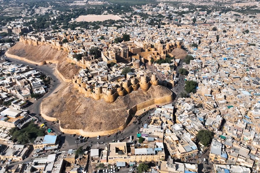 Jaisalmer fort rising out of the town from the air