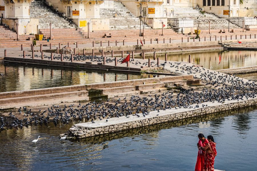 The ghats running down to the lake at Pushkar