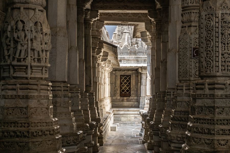 The carved marble pillars of the Jain temple at Ranakpur