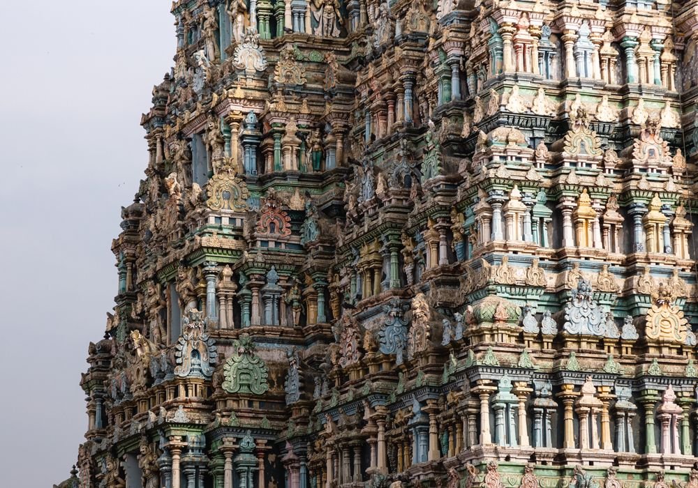 A temple tower in Madurai seen from the street