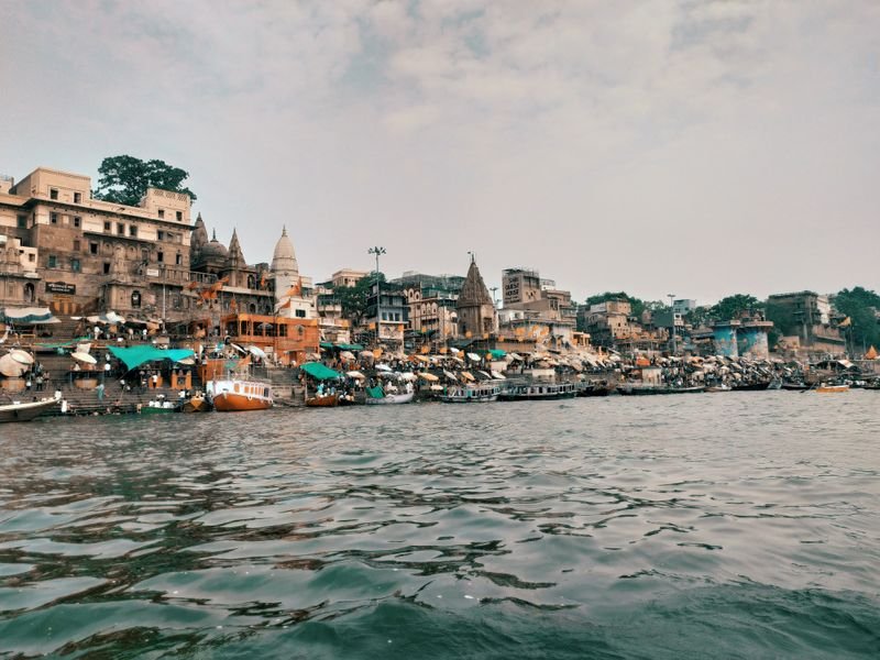 The ghats on the Ganges at Varanasi seen from the water