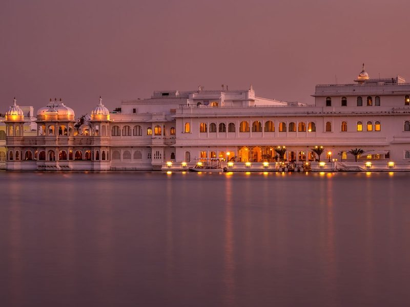 The Lake Palace lit up on Lake Pichola at Udaipur at dusk