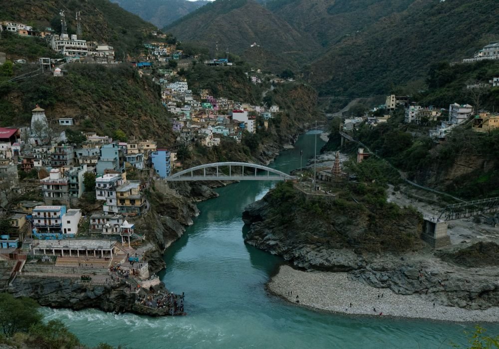 A footbridge across the river at a temple town in the Himalayan foothills